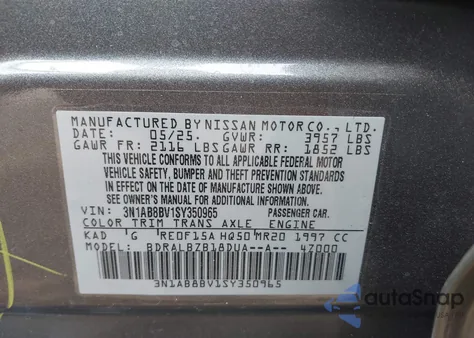 2025 Nissan Sentra S z USA, uszkodzony, nr VIN 3N1AB8BV1SY350965